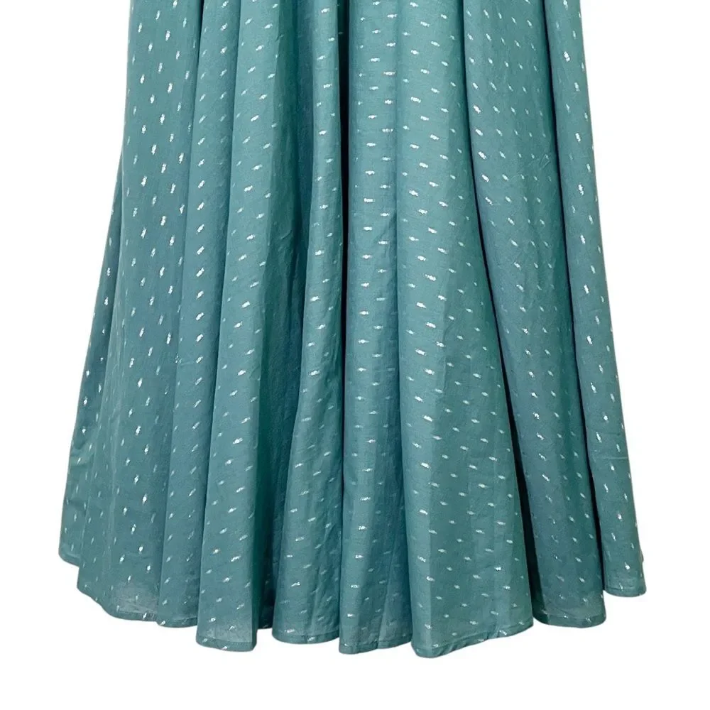 Abacaxi Eva Dress Teal Metallic Cotton Maxi Puff Sleeve Smocked Bodice Sz Large